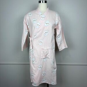 Cotton Short Kimono Robe Size M Pink Beckoning Lucky Cat Print Cute Kawaii